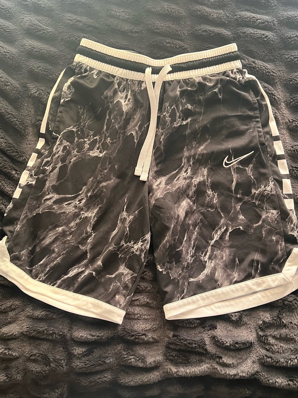 Nike Men’s Black Marble Athletic Shorts with White Trim